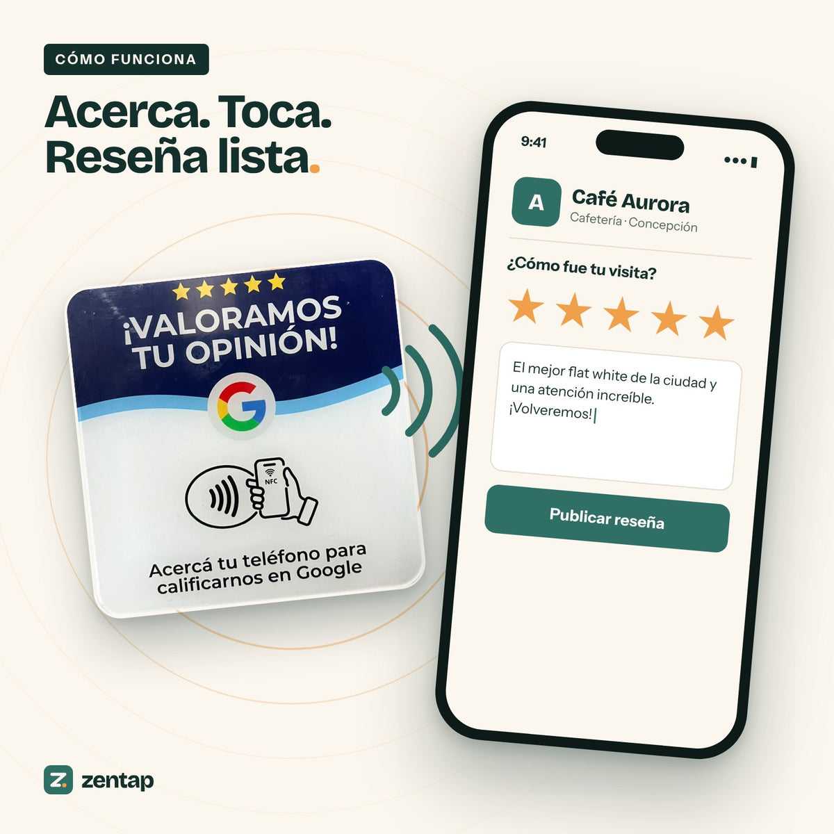 Cómo funciona: acercas el celular a la placa y dejas tu reseña